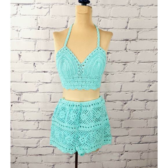 Crochet Set Shorts Halter Cardigan Womens S Teal Green Summer Beachy Tropical - Picture 2 of 12